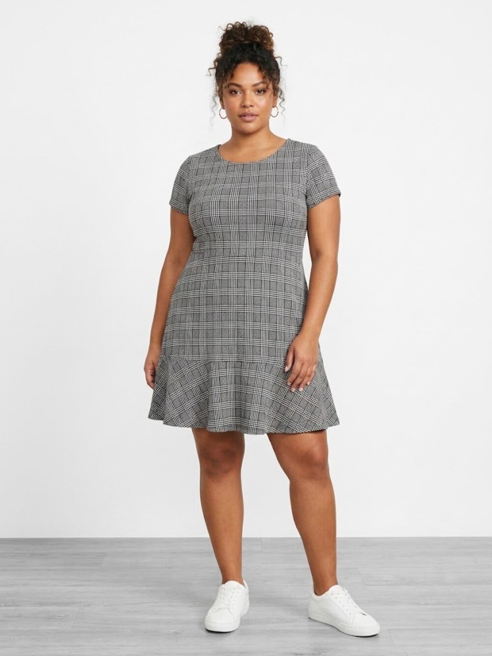 Planet Gold Glen Plaid Houndstooth Mini Dress Short Sleeve Scoop Neck Size L